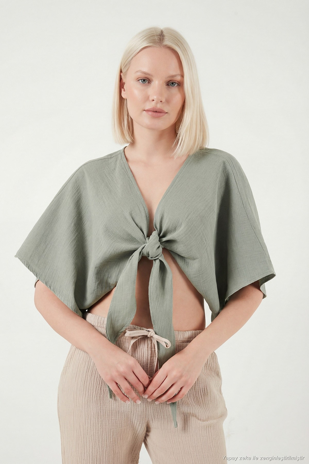 Pamuklu Comfort Fit Bağlamalı Yarasa Kol Kadın Bolero 5866354 Olive