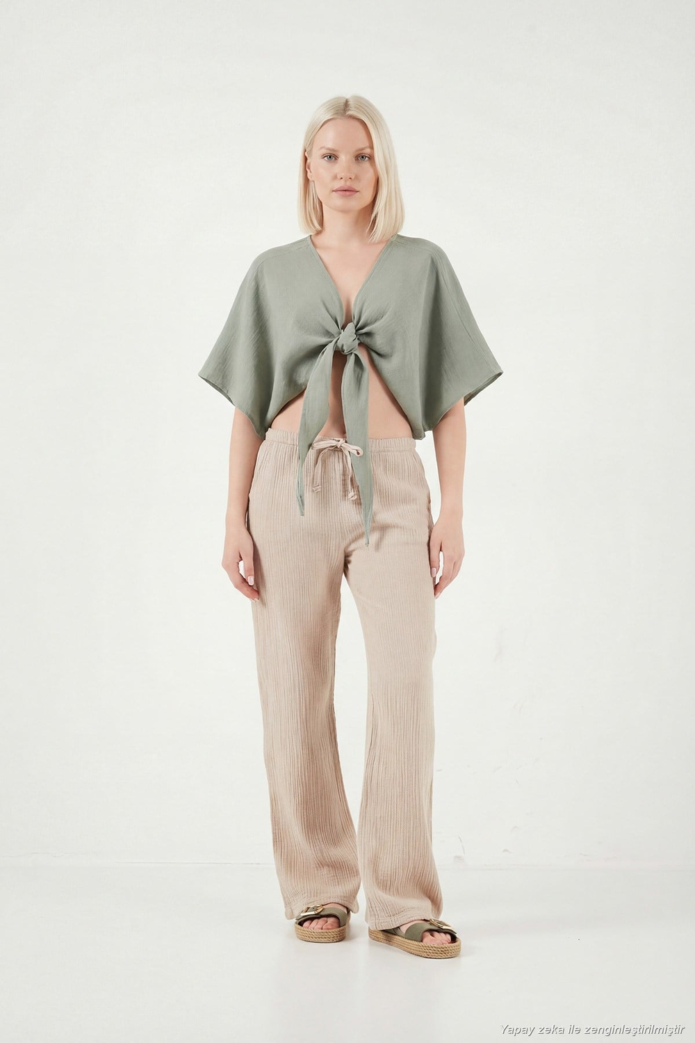 Pamuklu Comfort Fit Bağlamalı Yarasa Kol Kadın Bolero 5866354 Olive