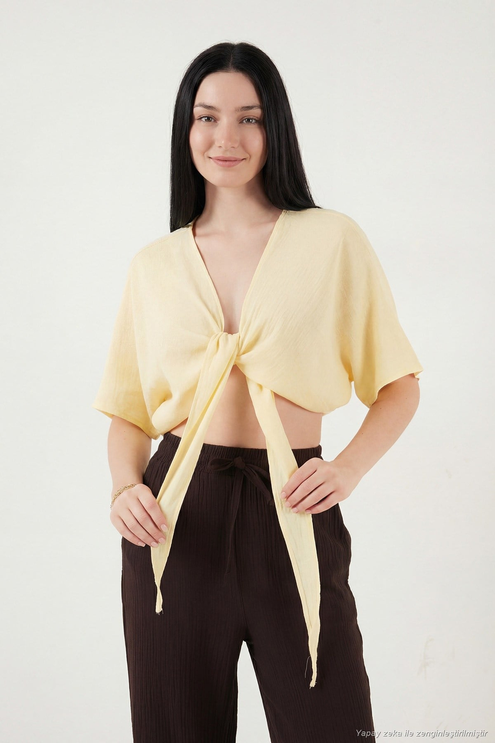 Pamuklu Comfort Fit Bağlamalı Yarasa Kol Kadın Bolero 5866354 SARI