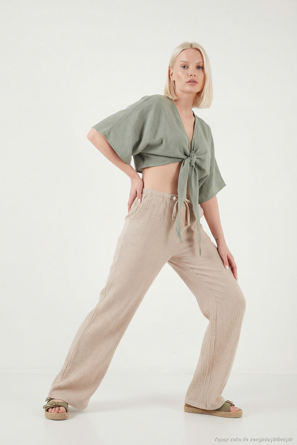 Pamuklu Comfort Fit Bağlamalı Yarasa Kol Kadın Bolero 5866354 Olive