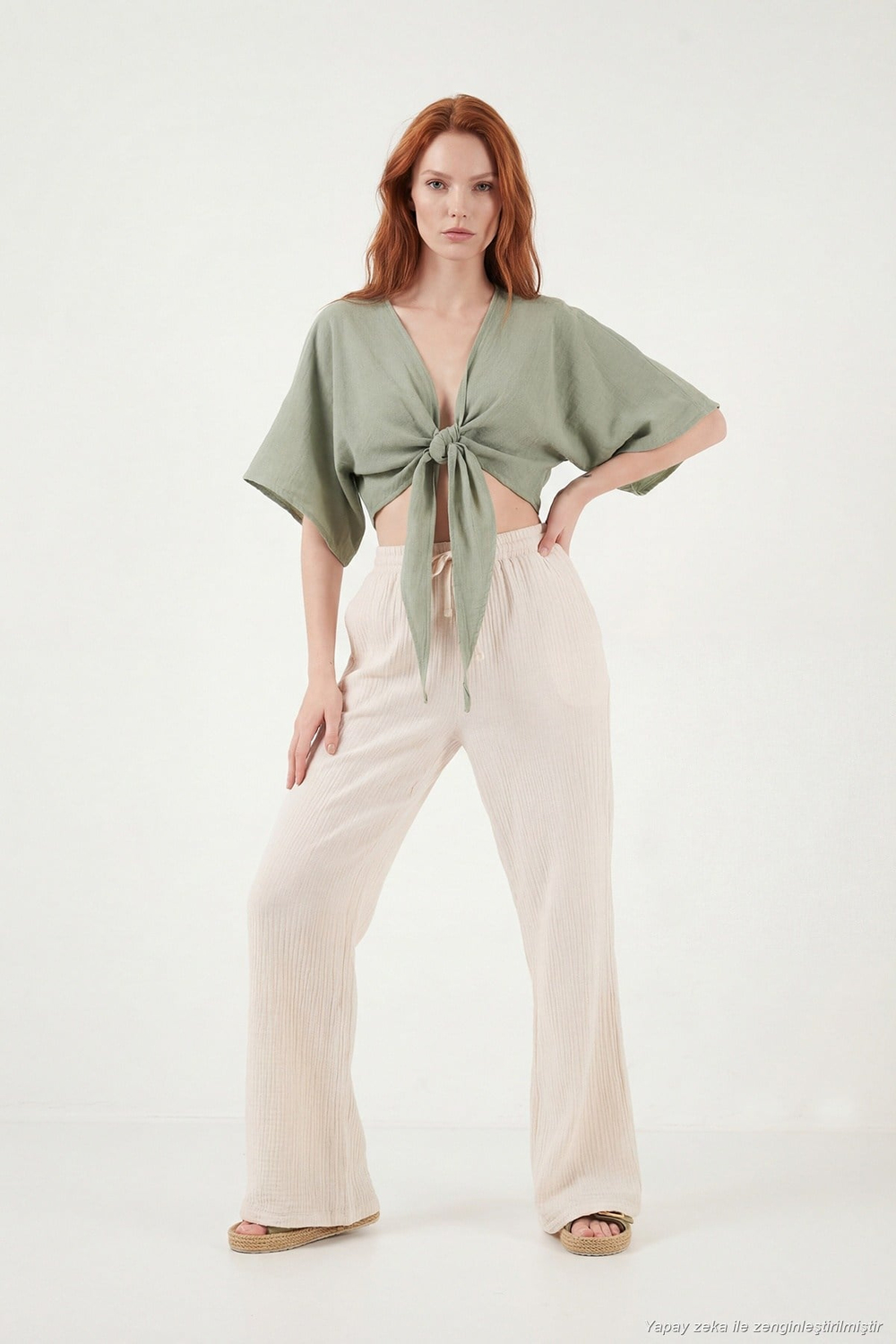 Pamuklu Comfort Fit Yüksek Bel Geniş Paça Kadın Pantolon 668YP5540 TAŞ
