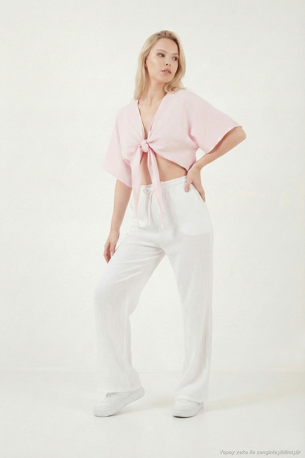 Pamuklu Comfort Fit Yüksek Bel Geniş Paça Kadın Pantolon 668YP5540 BEYAZ