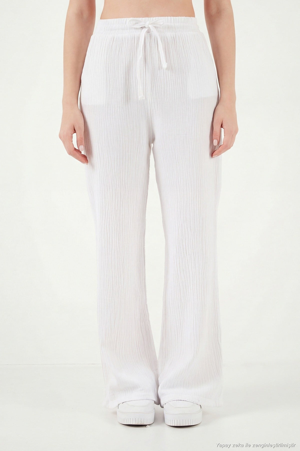 Pamuklu Comfort Fit Yüksek Bel Geniş Paça Kadın Pantolon 668YP5540 BEYAZ