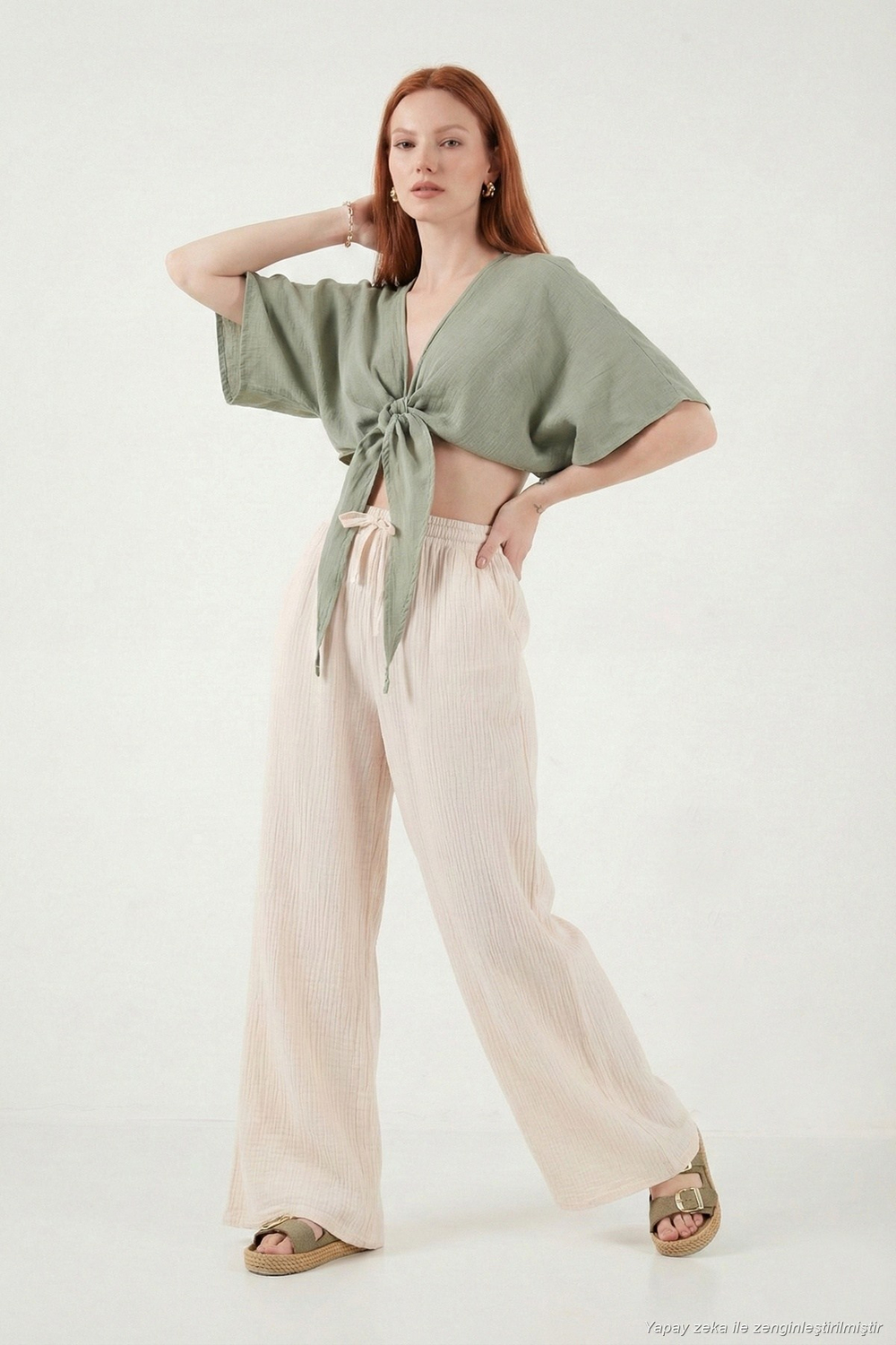 Pamuklu Comfort Fit Yüksek Bel Geniş Paça Kadın Pantolon 668YP5540 TAŞ