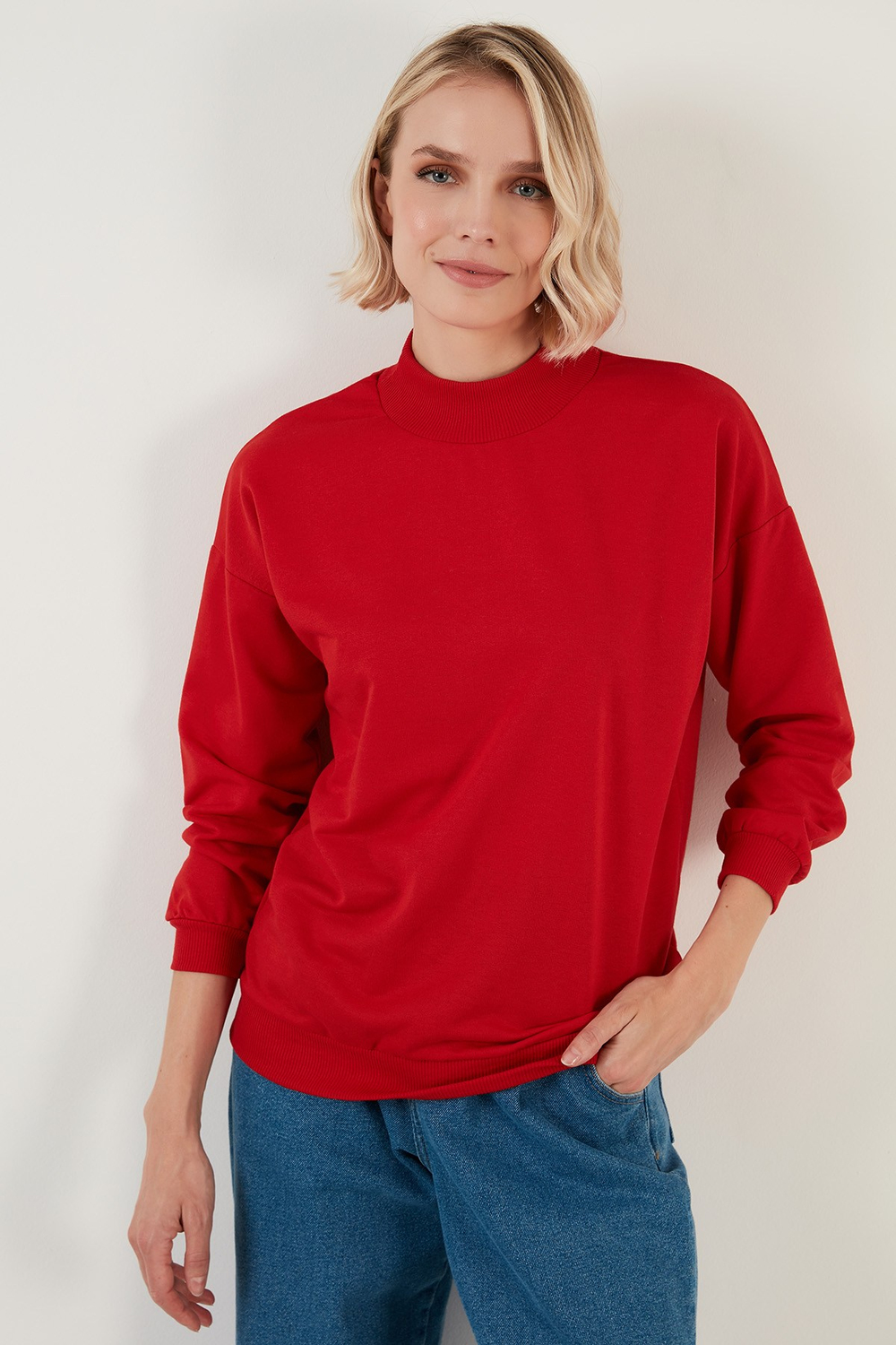 Pamuklu Dik Yaka Basic Örme Kadın Sweat 5863323 KIRMIZI