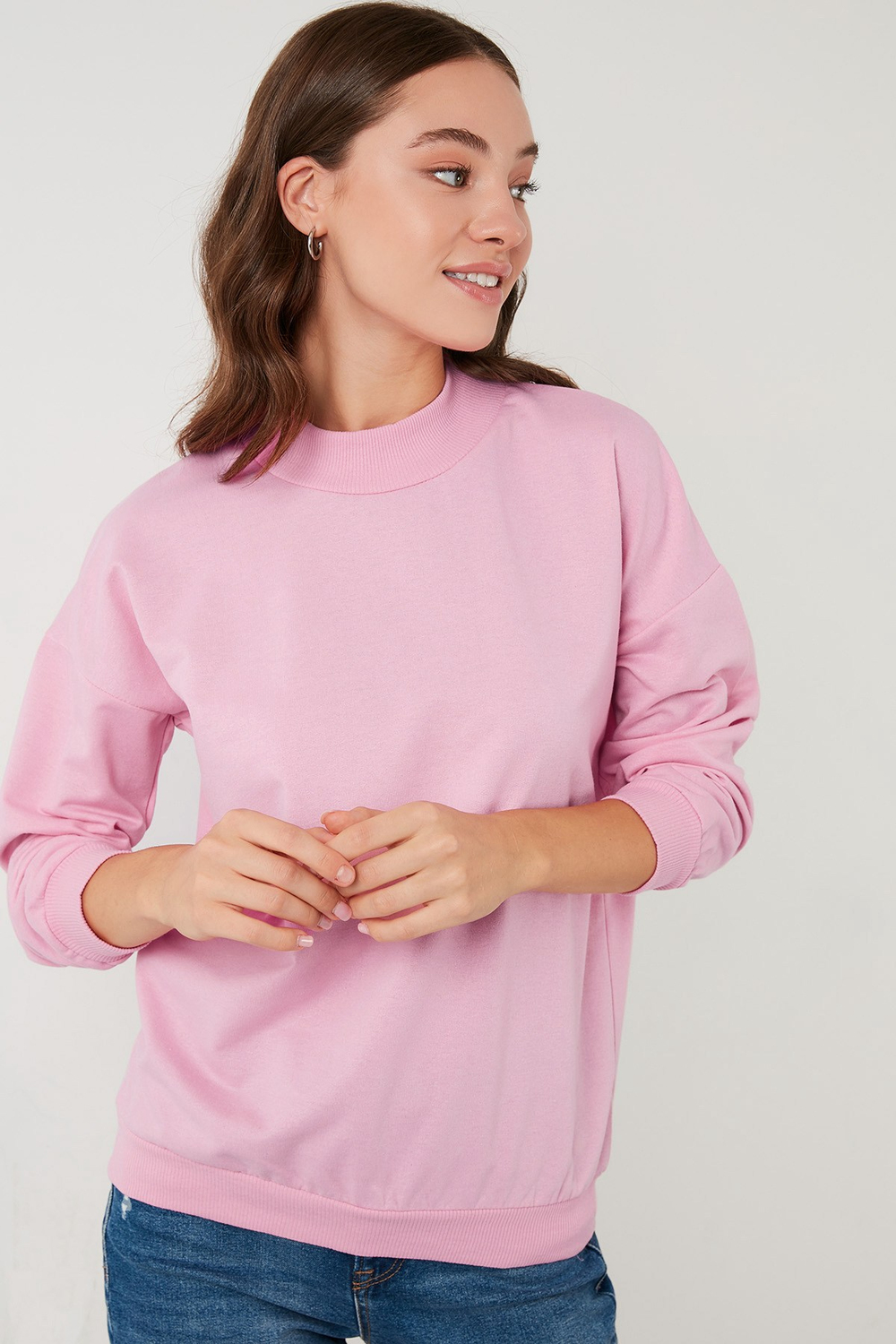 Pamuklu Dik Yaka Basic Örme Kadın Sweat 5863323 PEMBE