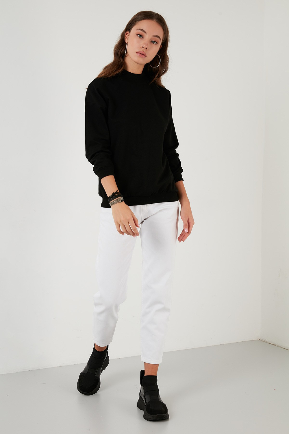 Pamuklu Dik Yaka Basic Örme Kadın Sweat 5863323 SİYAH