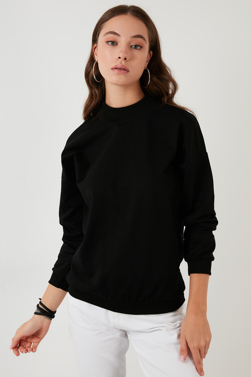 Pamuklu Dik Yaka Basic Örme Kadın Sweat 5863323 SİYAH