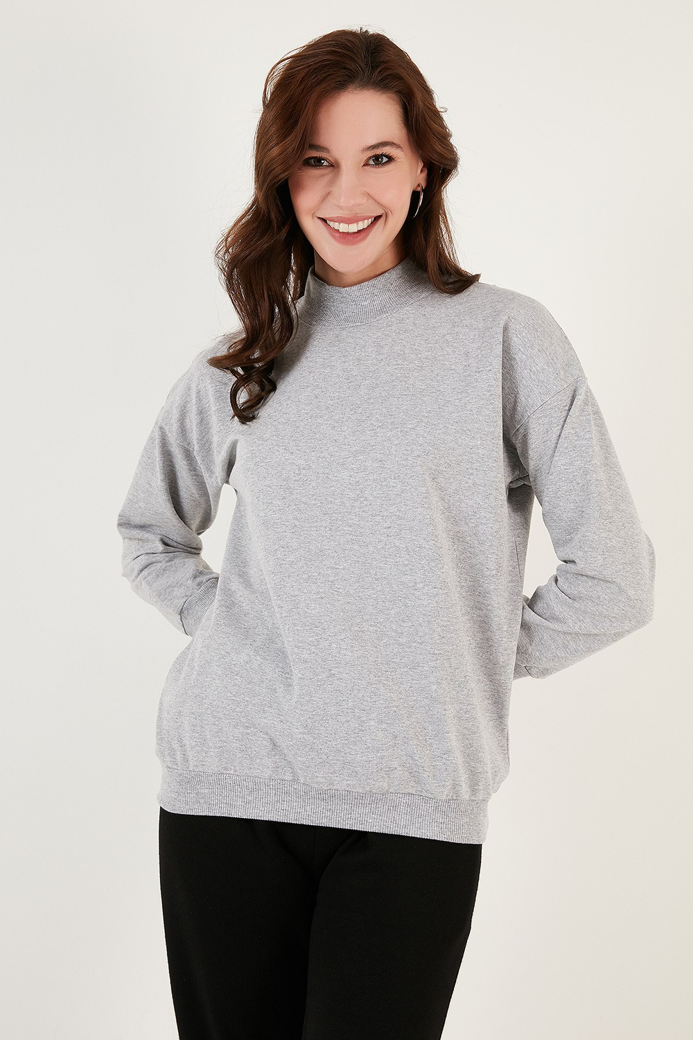 Pamuklu Dik Yaka Basic Örme Kadın Sweat 5863323 GRİ MELANJ