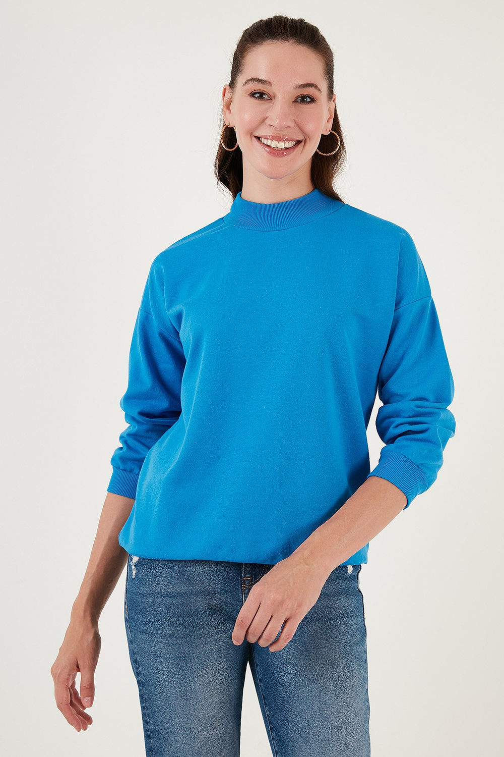 Pamuklu Dik Yaka Basic Örme Kadın Sweat 5863323 TURKUAZ