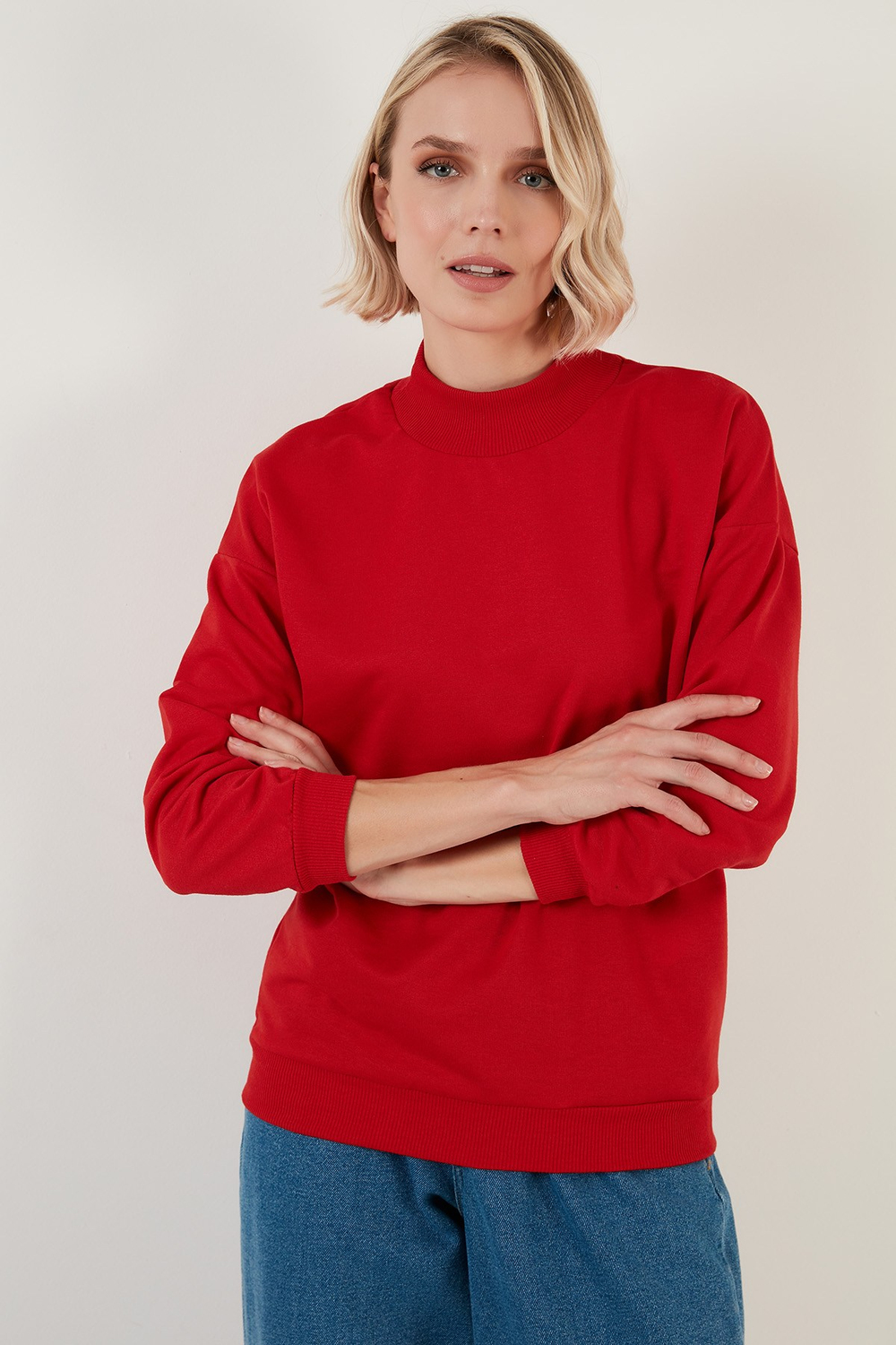 Pamuklu Dik Yaka Basic Örme Kadın Sweat 5863323 KIRMIZI