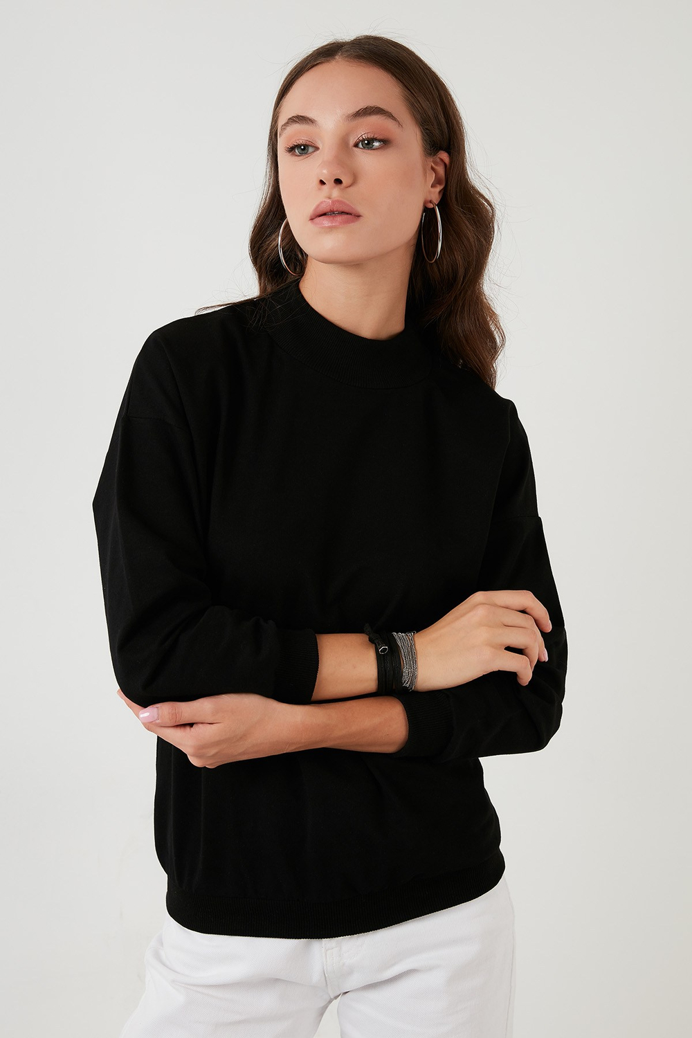 Pamuklu Dik Yaka Basic Örme Kadın Sweat 5863323 SİYAH