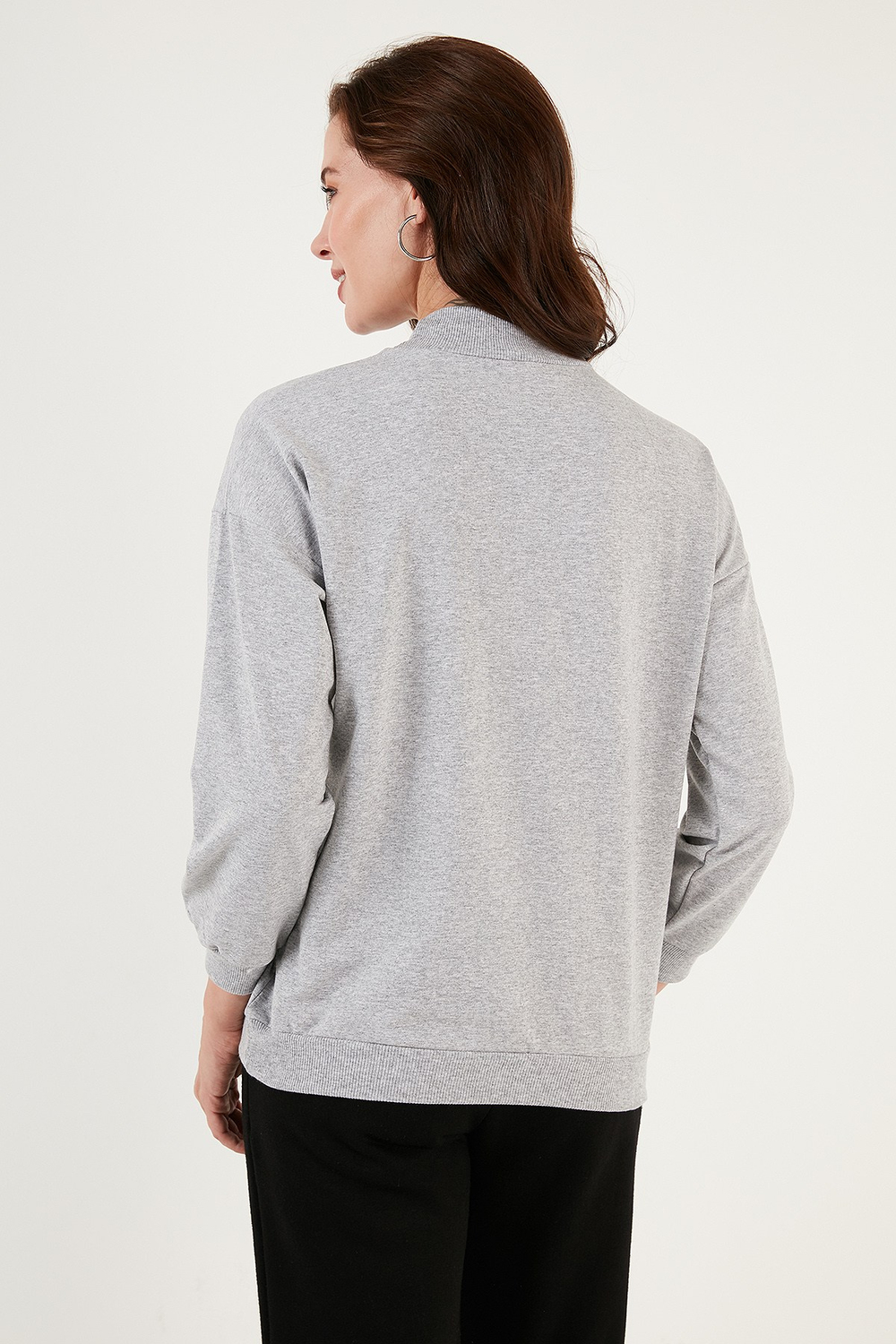 Pamuklu Dik Yaka Basic Örme Kadın Sweat 5863323 GRİ MELANJ