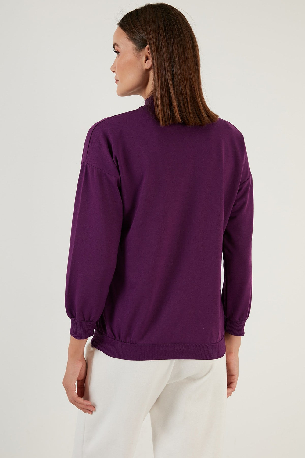 Pamuklu Dik Yaka Basic Örme Kadın Sweat 5863323 MOR