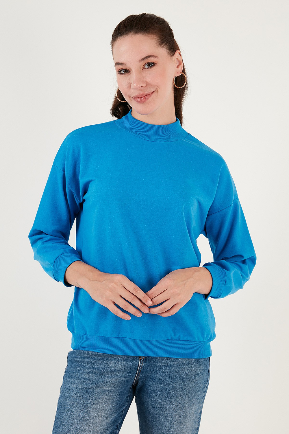 Pamuklu Dik Yaka Basic Örme Kadın Sweat 5863323 TURKUAZ