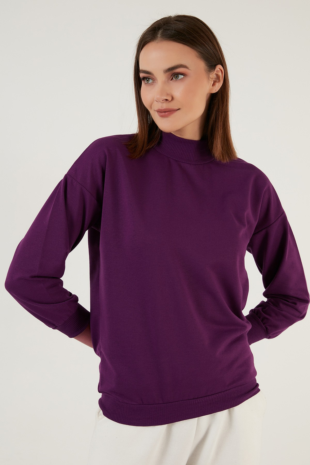 Pamuklu Dik Yaka Basic Örme Kadın Sweat 5863323 MOR
