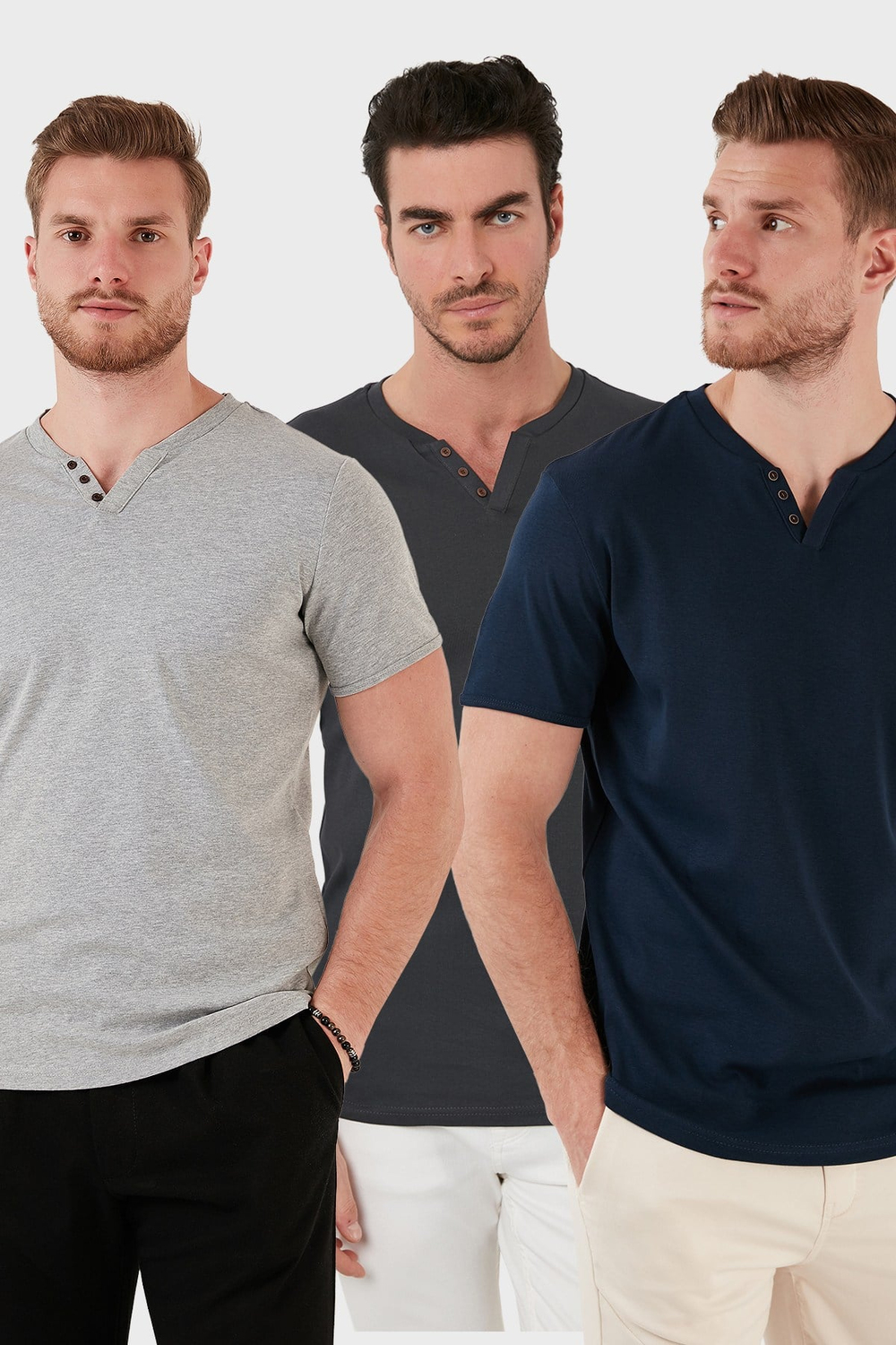 Pamuklu Düğme Detaylı Regular Fit V Yaka 3lü Paket Erkek T Shirt 5902122S3 Antrasit-İndigo-Gri Melanj