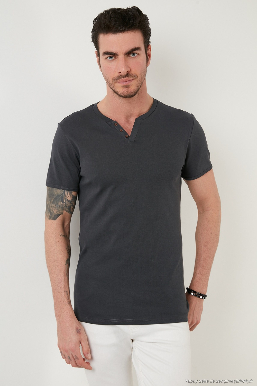Pamuklu Düğme Detaylı Regular Fit V Yaka 3lü Paket Erkek T Shirt 5902122S3 Antrasit-İndigo-Gri Melanj