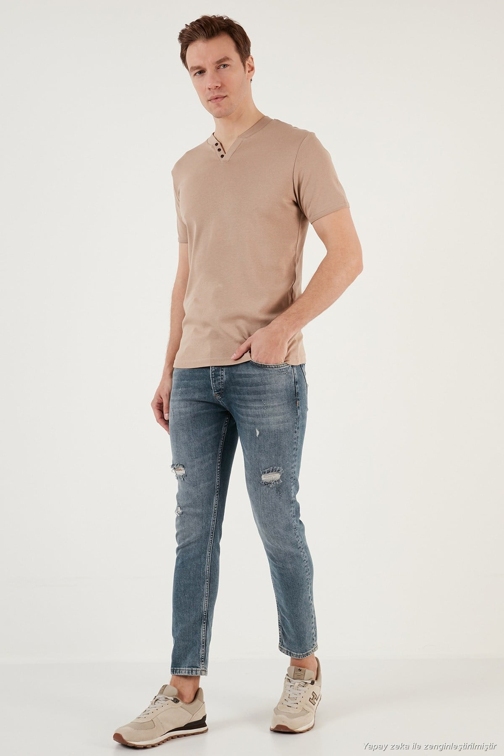 Pamuklu Düğme Detaylı Regular Fit V Yaka 3lü Paket Erkek T Shirt 5902122S3 Açık Mavi-Gri Melanj-Taş