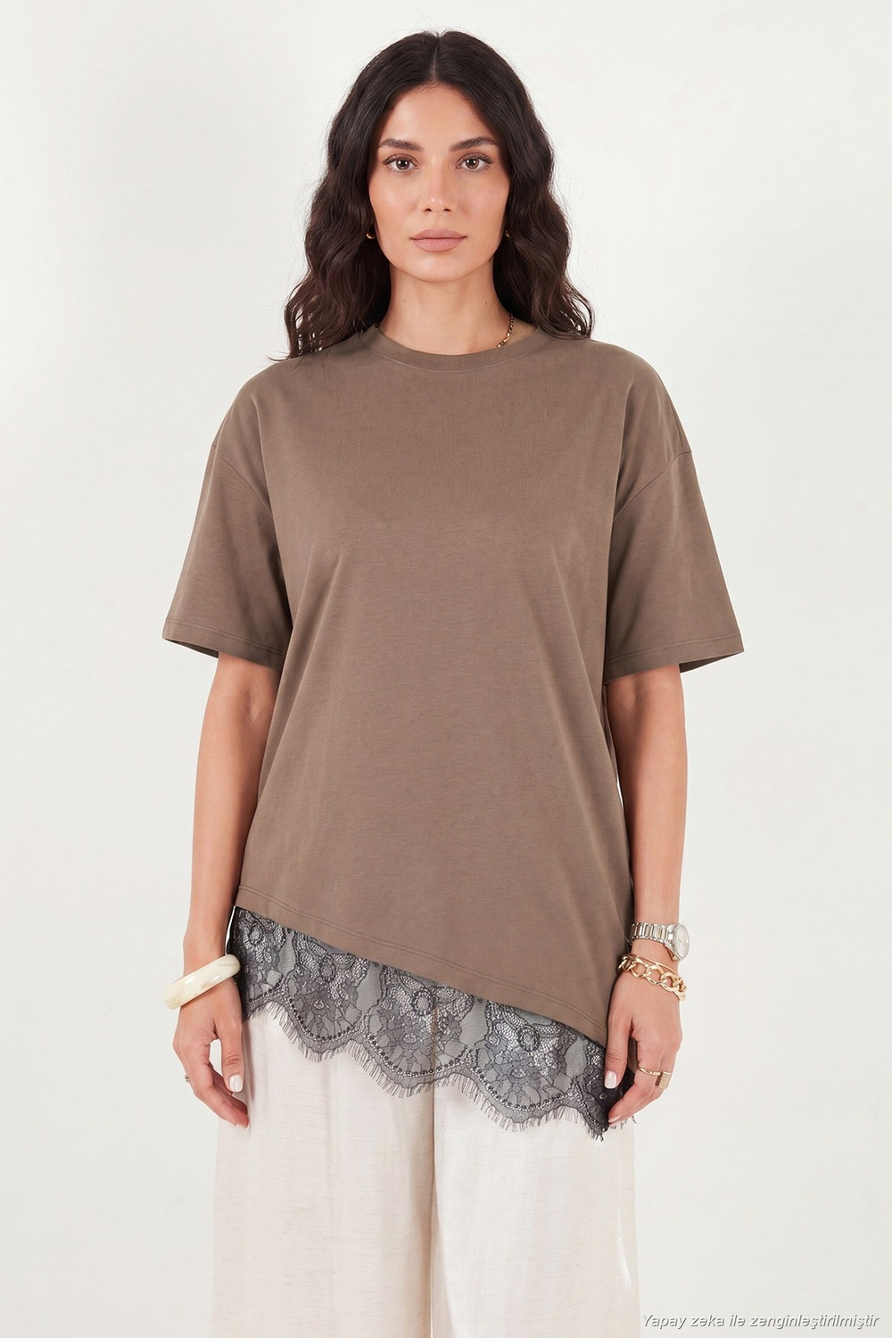 Pamuklu Kontrast Dantel Panelli Salaş Bisiklet Yaka Kadın T Shirt 5866992 KAHVE
