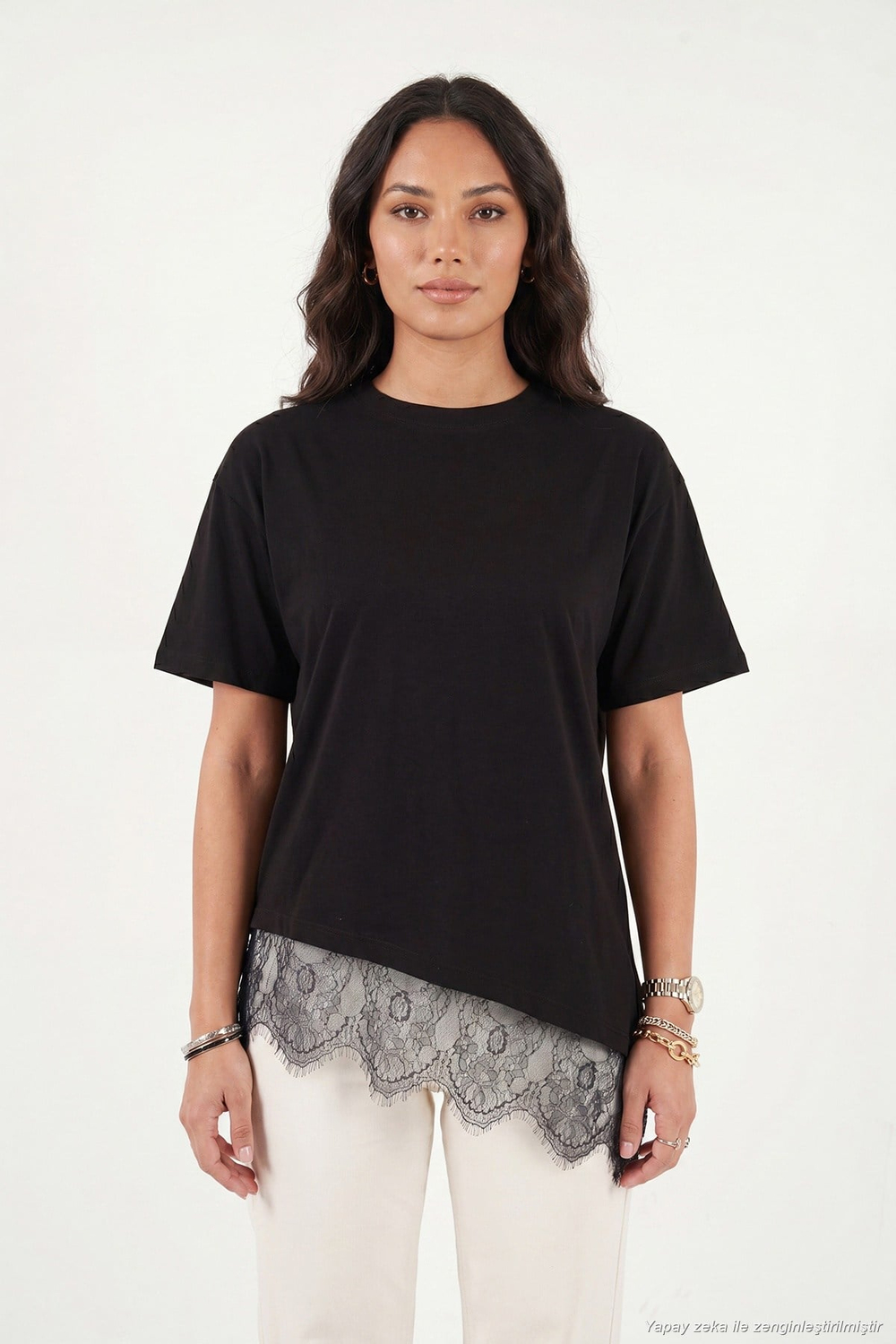 Pamuklu Kontrast Dantel Panelli Salaş Bisiklet Yaka Kadın T Shirt 5866992 SİYAH