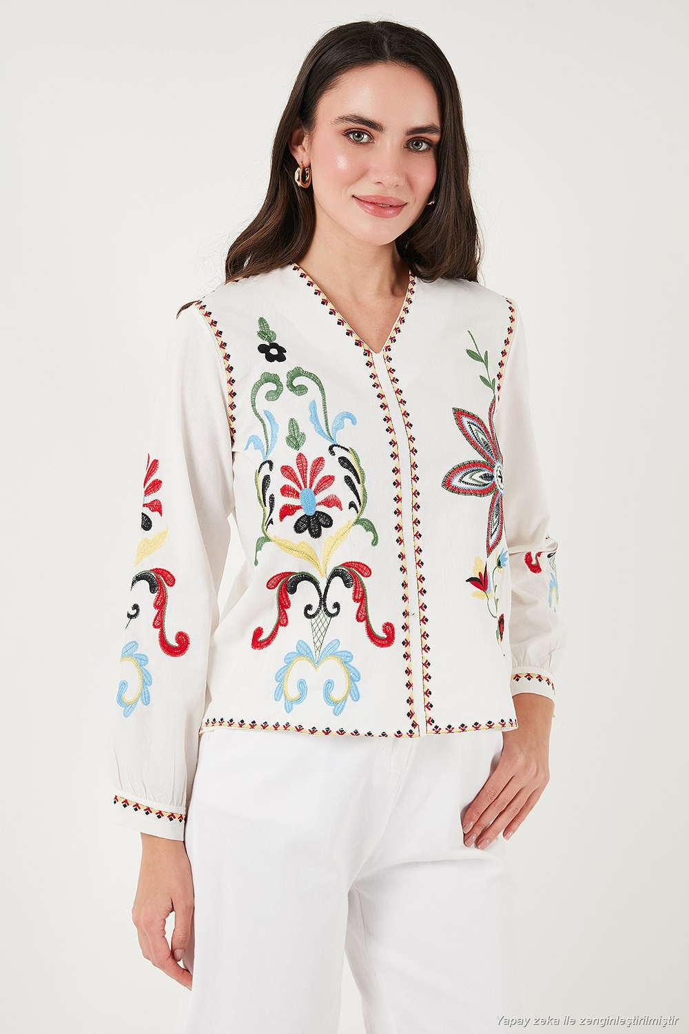 Pamuklu Nakış işlemeli Oversize Fit V Yaka Kadın Bluz 676254 EKRU