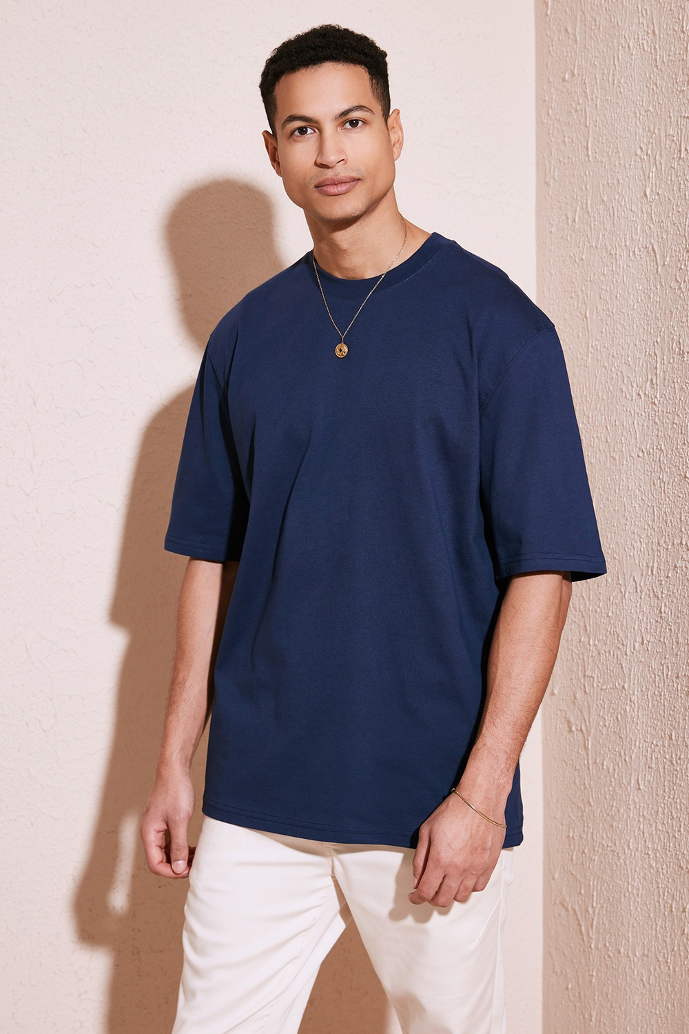 Pamuklu Oversize Bisiklet Yaka Basic Erkek T Shirt 5902365 İNDİGO