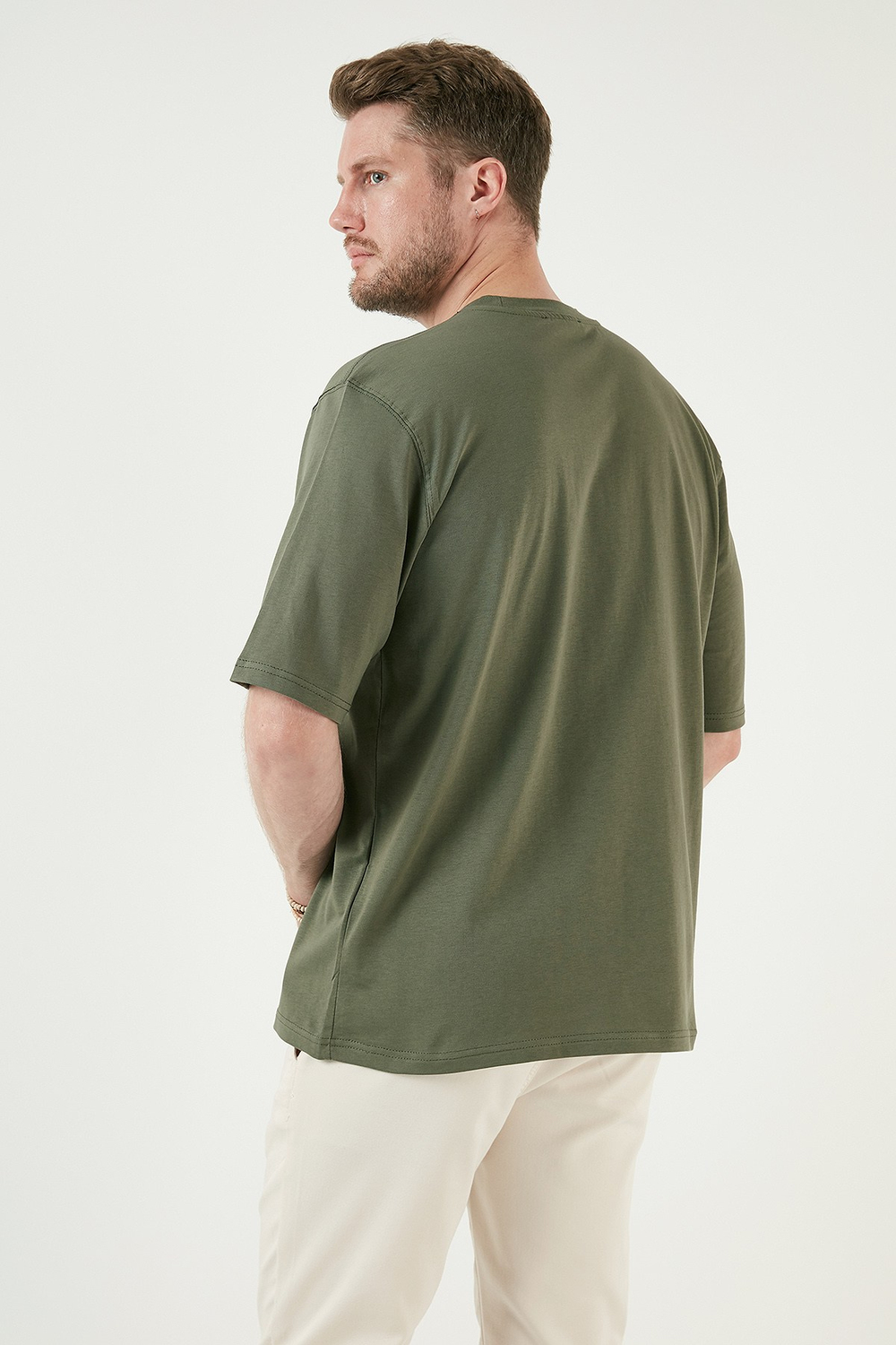 Pamuklu Oversize Bisiklet Yaka Basic Erkek T Shirt 5902365 HAKİ