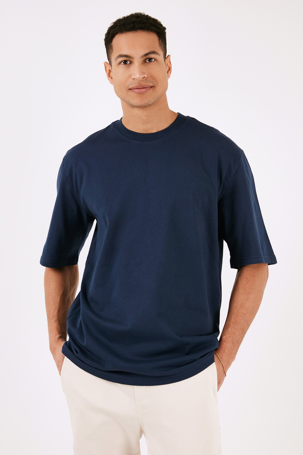 Pamuklu Oversize Bisiklet Yaka Basic Erkek T Shirt 5902365 İNDİGO