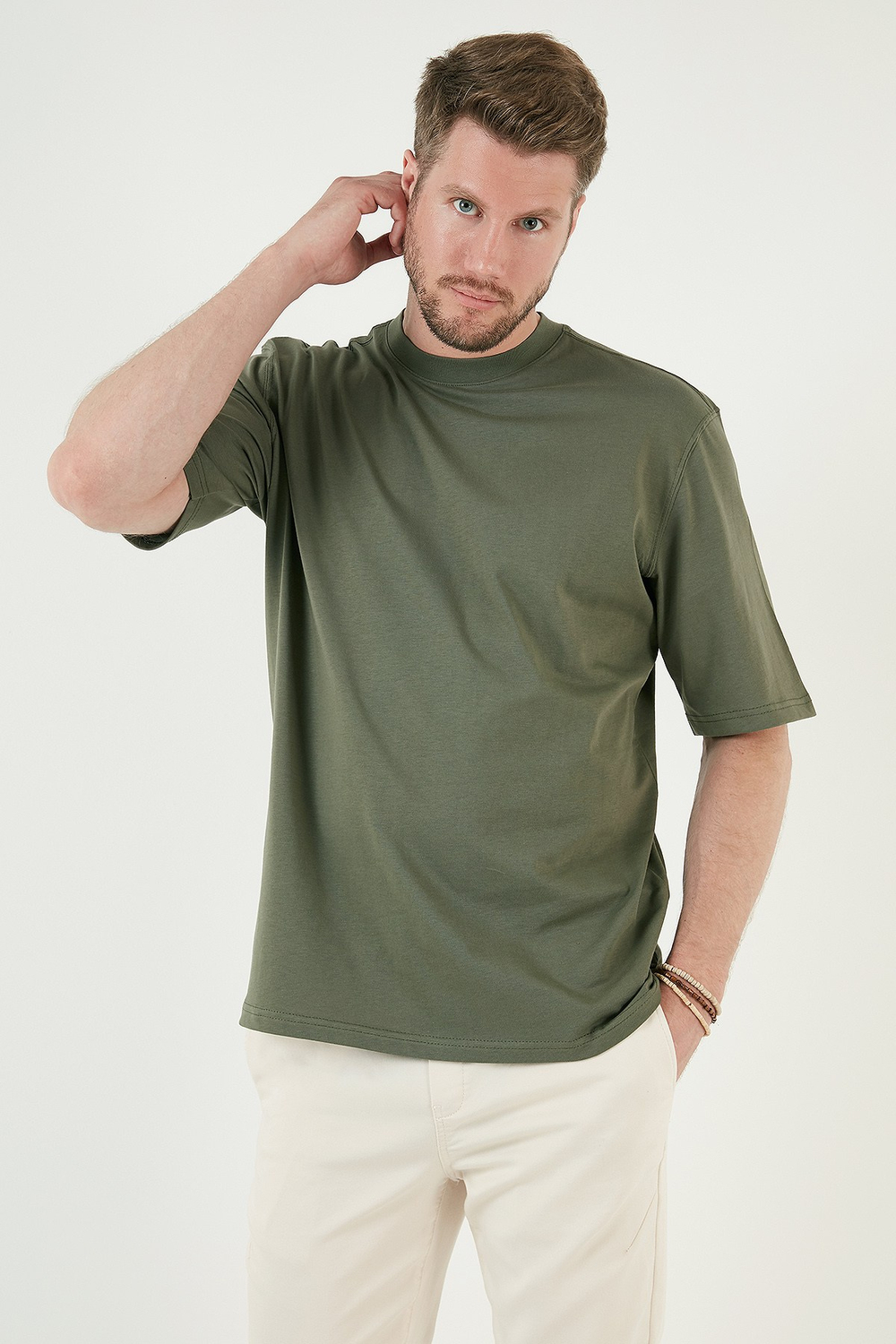 Pamuklu Oversize Bisiklet Yaka Basic Erkek T Shirt 5902365 HAKİ