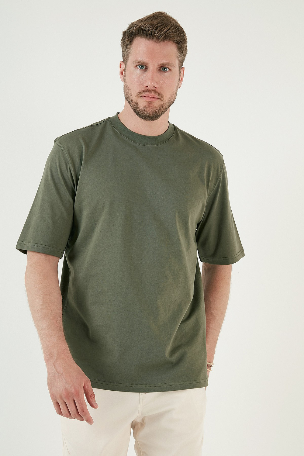 Pamuklu Oversize Bisiklet Yaka Basic Erkek T Shirt 5902365 HAKİ