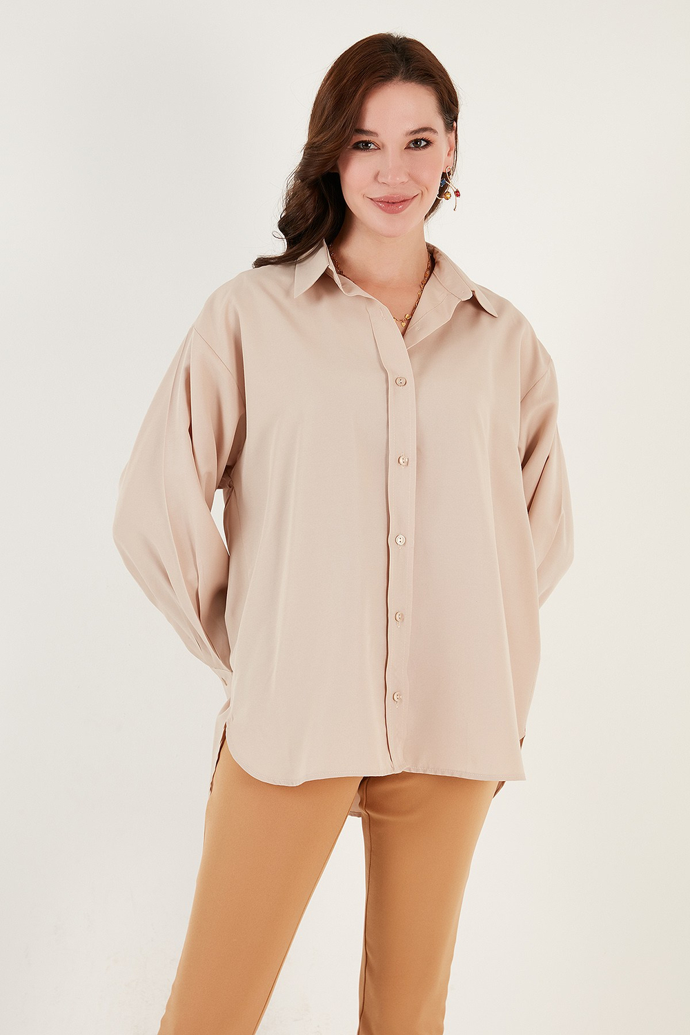 Pamuklu Oversize Dokuma Kadın Gömlek 6234760 TAŞ