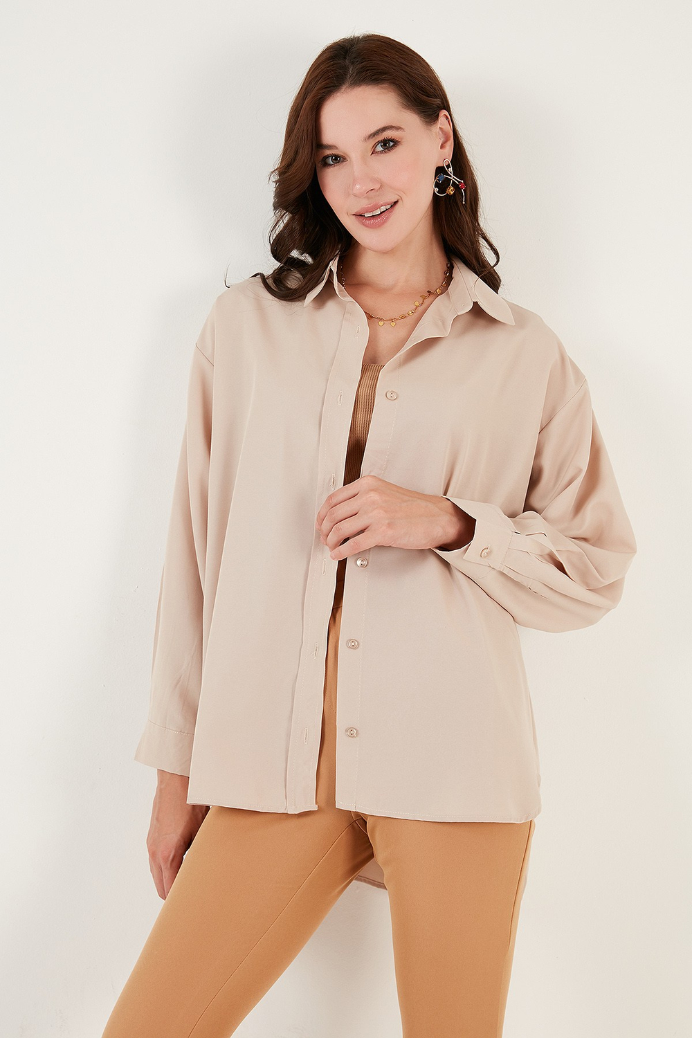 Pamuklu Oversize Dokuma Kadın Gömlek 6234760 TAŞ