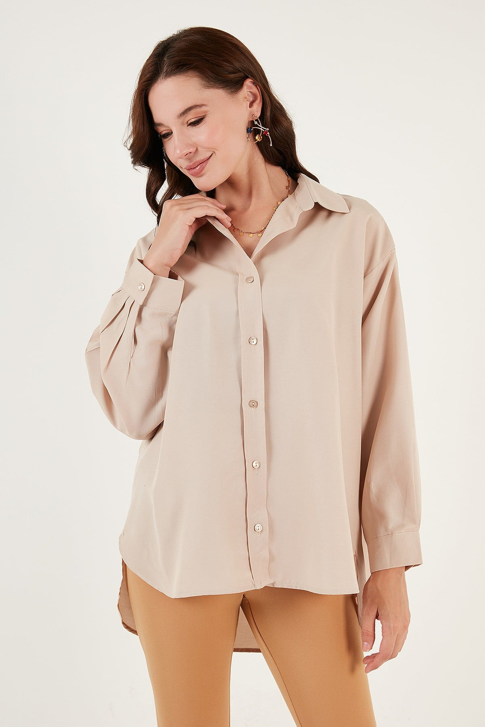 Pamuklu Oversize Dokuma Kadın Gömlek 6234760 TAŞ