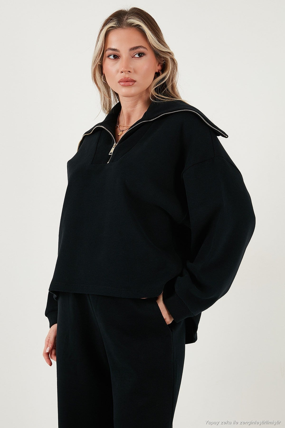 Pamuklu Oversize Fit Yarım Fermuarlı Yaka Uzun Kollu Triko Kadın Takım 68351218 SİYAH