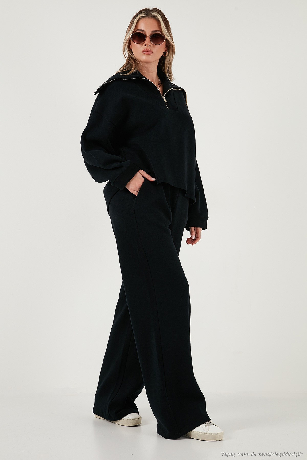 Pamuklu Oversize Fit Yarım Fermuarlı Yaka Uzun Kollu Triko Kadın Takım 68351218 SİYAH