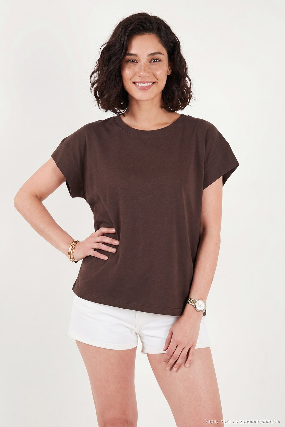 Pamuklu Rahat Kalıp Bisiklet Yaka Kadın T Shirt 5866955 KAHVE