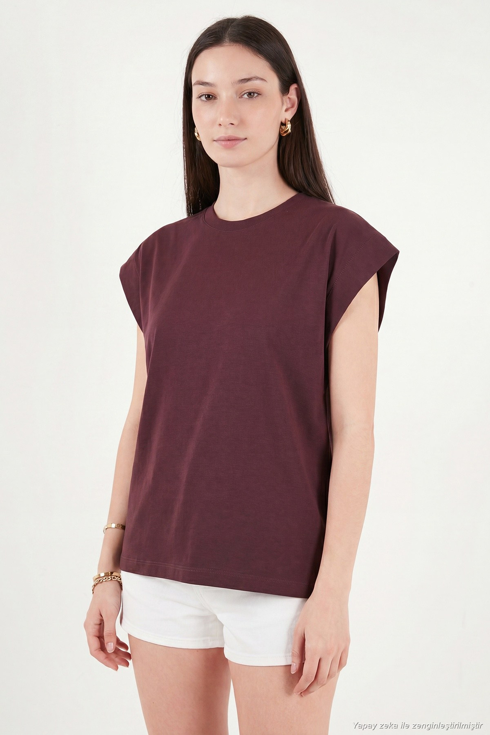 Pamuklu Rahat Kalıp Bisiklet Yaka Kadın T Shirt 5866955 BORDO