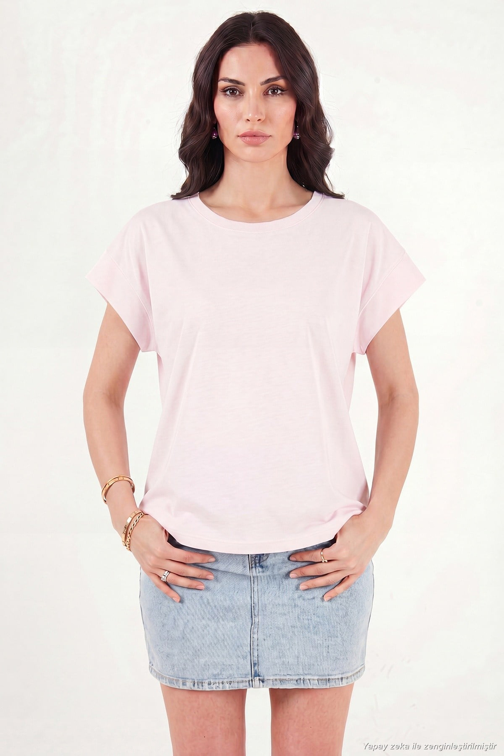 Pamuklu Rahat Kalıp Bisiklet Yaka Kadın T Shirt 5866955 PEMBE