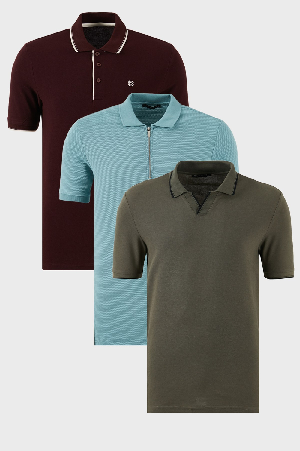 Pamuklu Regular Fit 3lü Paket Erkek Polo Yaka T Shirt 59029641518S3 Haki-Vişne-Beyaz-Mavi