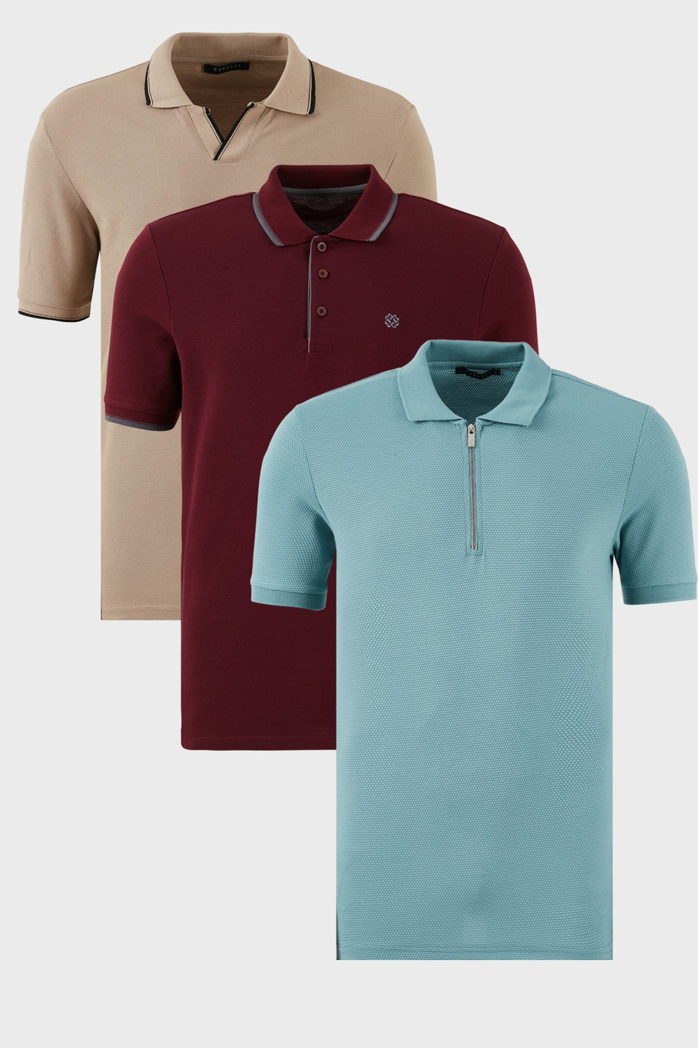 Pamuklu Regular Fit 3lü Paket Erkek Polo Yaka T Shirt 59029641518S3 Vizon-Vişne-Mavi