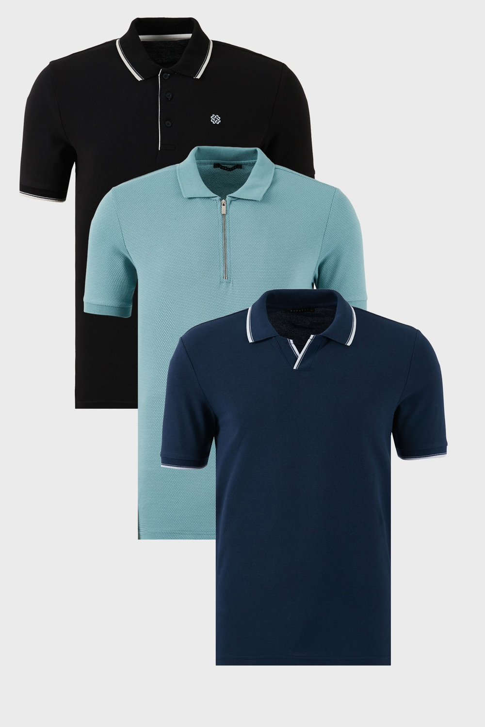 Pamuklu Regular Fit 3lü Paket Erkek Polo Yaka T Shirt 59029641518S3 İndigo-Siyah-Beyaz-Mavi