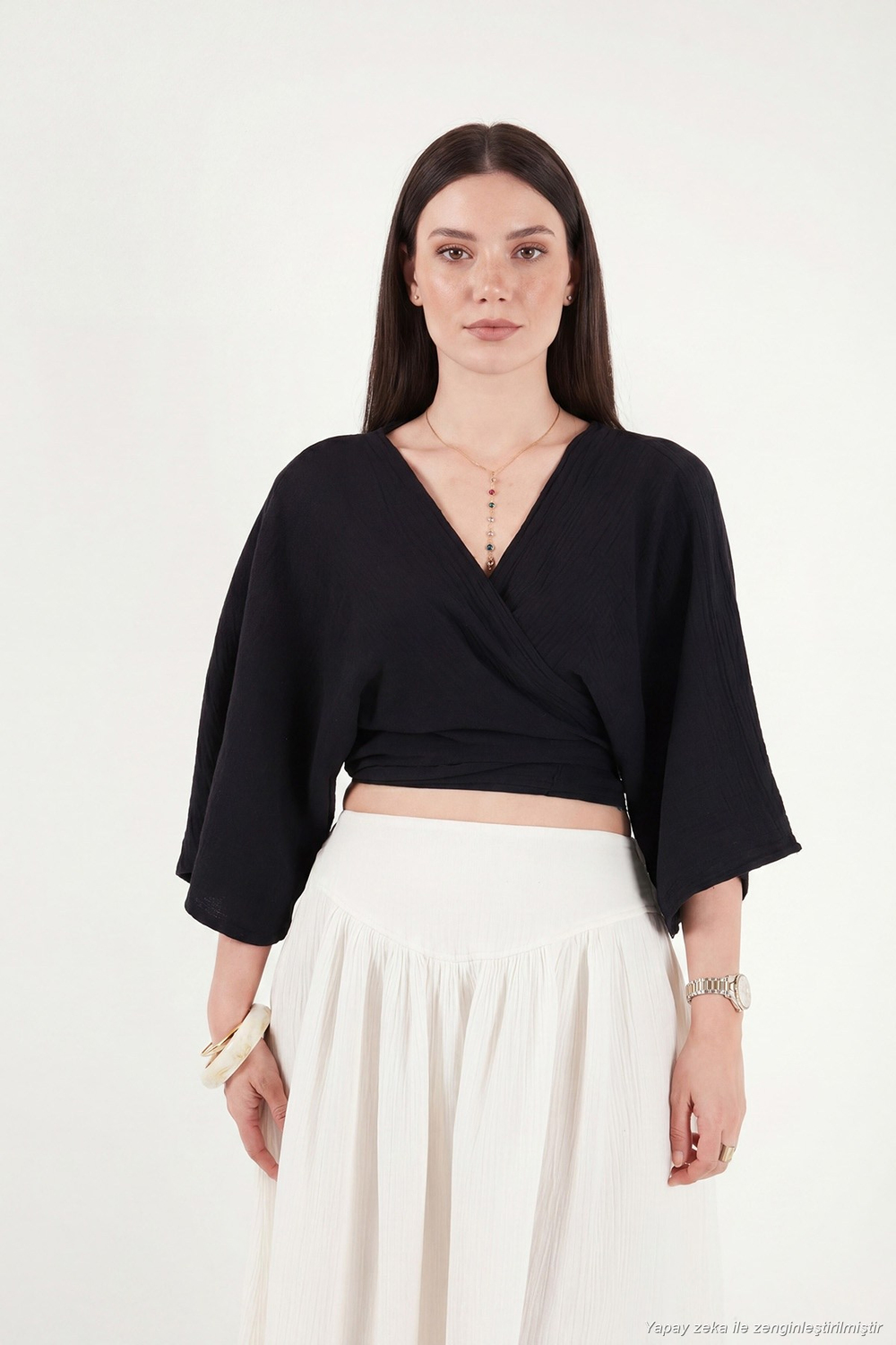 Pamuklu Regular Fit Bağlamalı Crop Kadın Kimono 668YL2783 SİYAH
