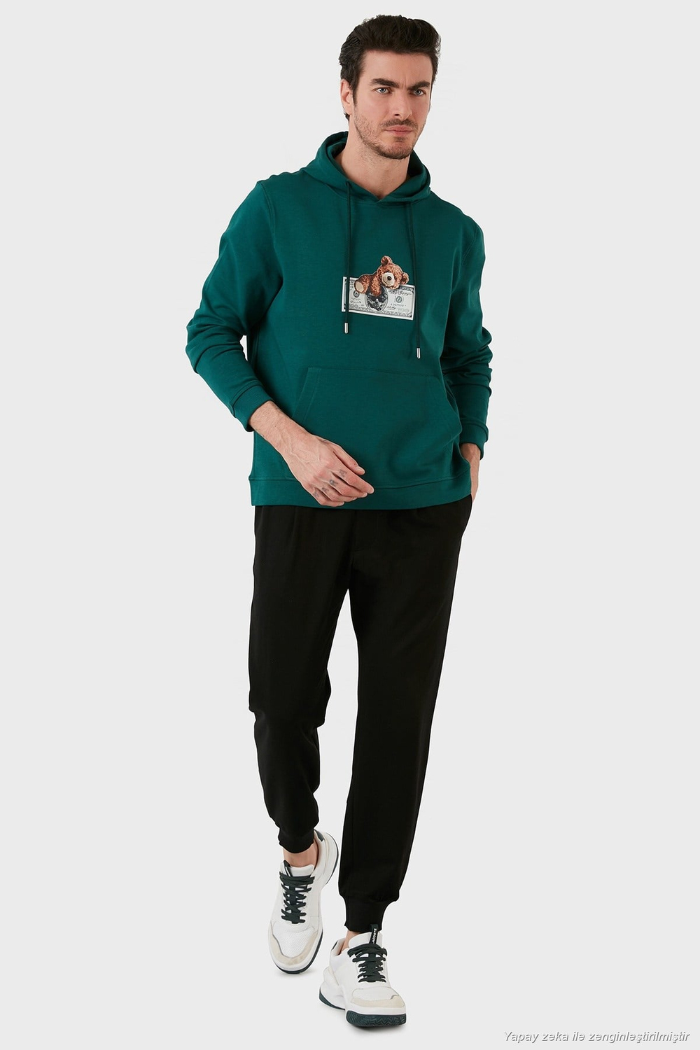 Pamuklu Regular Fit Baskılı Kanguru Cepli Kapüşonlu Erkek Sweat 6141004B PETROL