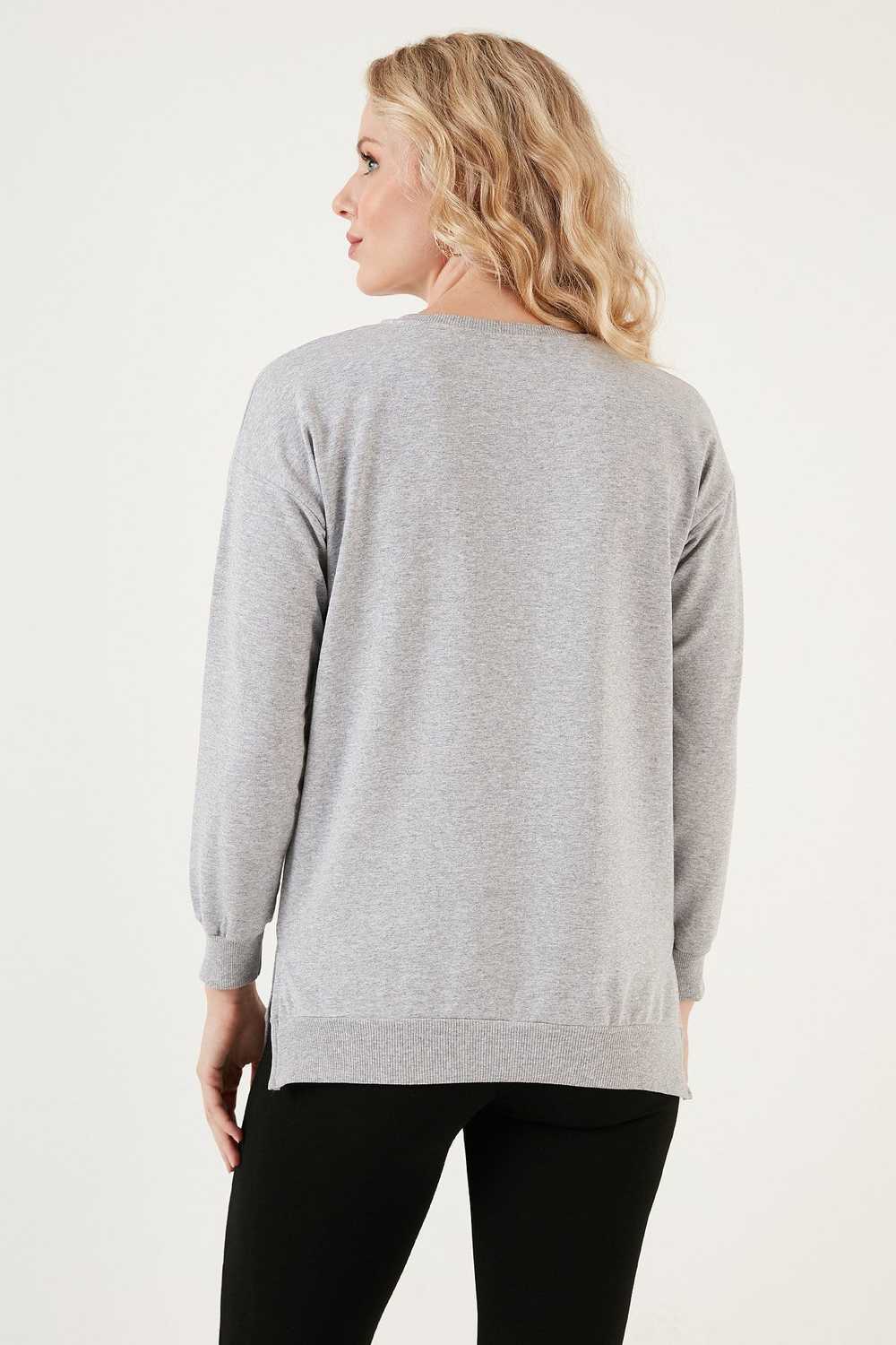Pamuklu Regular Fit Bisiklet Yaka Basic Kadın Sweat 5863569 GRİ MELANJ