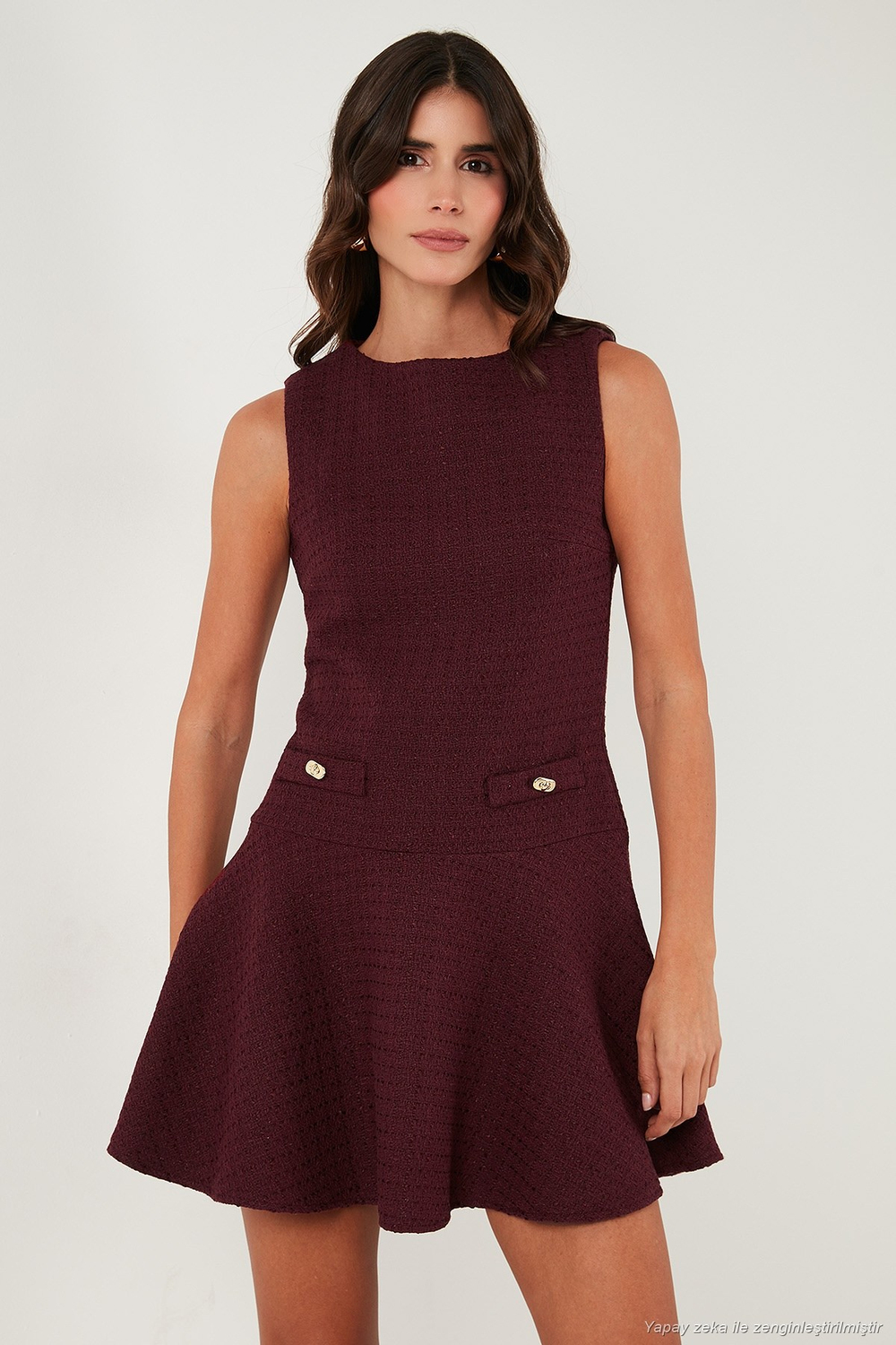 Pamuklu Regular Fit Bisiklet Yaka Düğme Detaylı A Kesim Mini Abiye Kadın Elbise 6525687 BORDO