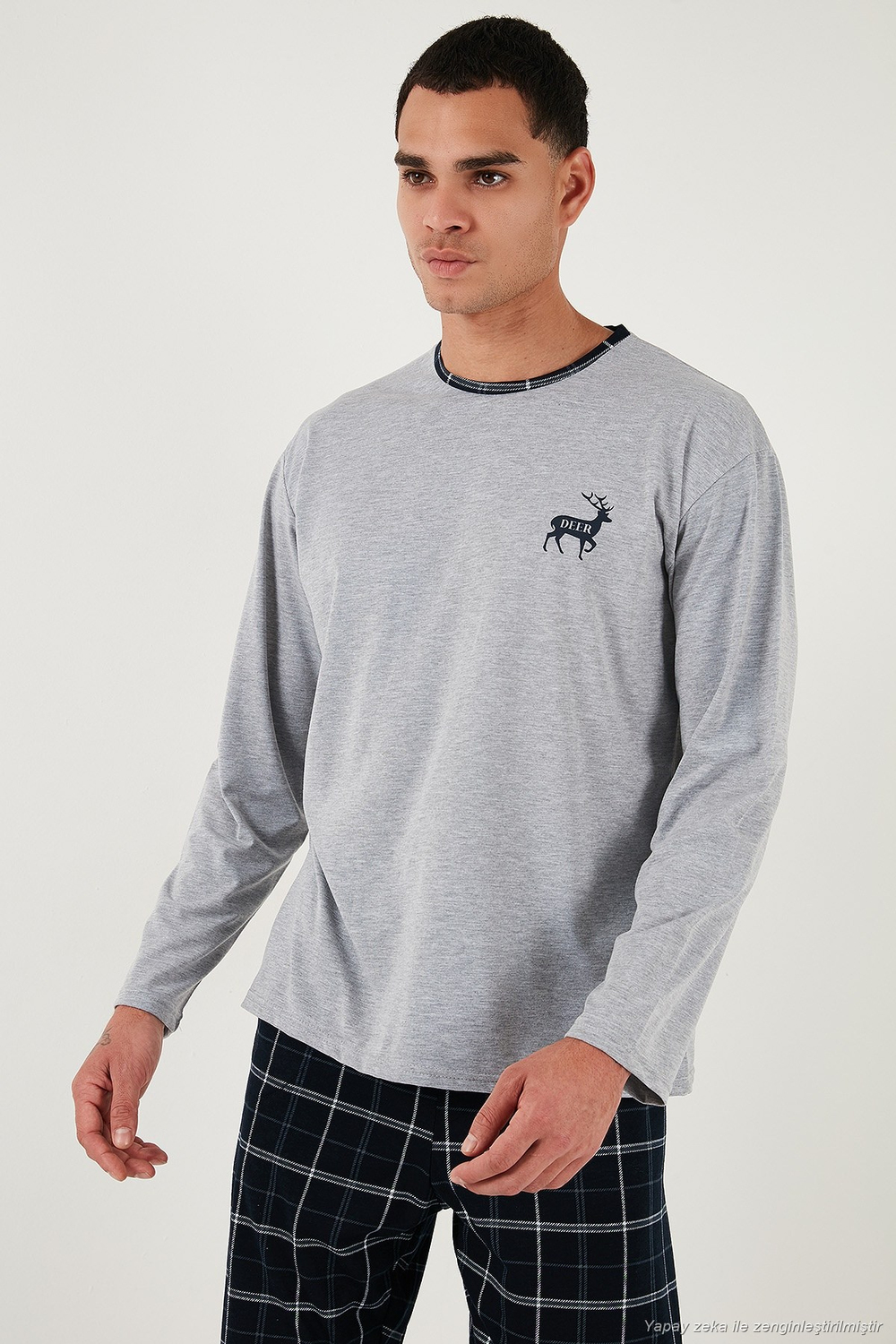 Pamuklu Regular Fit Bisiklet Yaka Ekoseli Erkek Pijama Takımı 6574001 GRİ