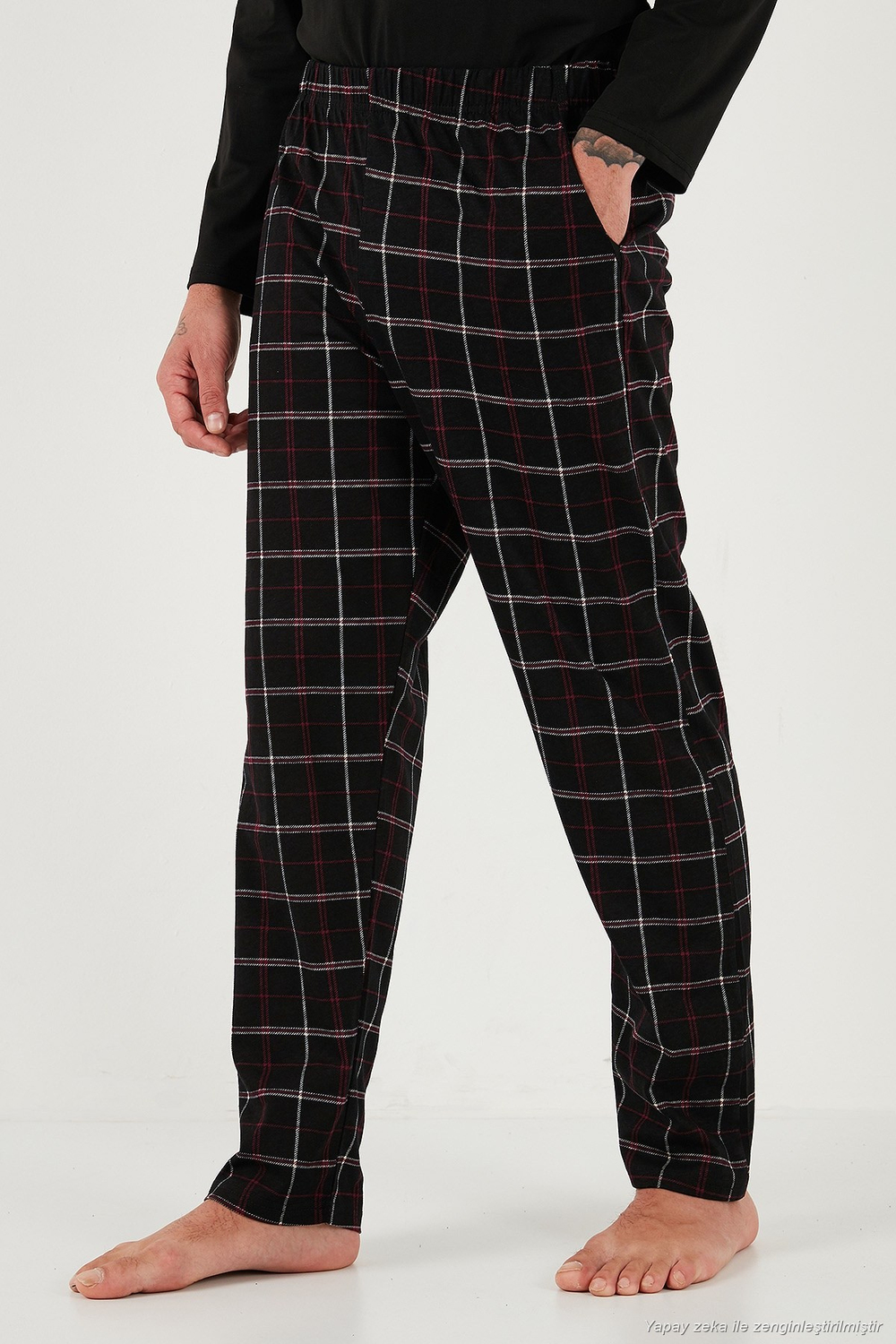 Pamuklu Regular Fit Bisiklet Yaka Ekoseli Erkek Pijama Takımı 6574001 SİYAH