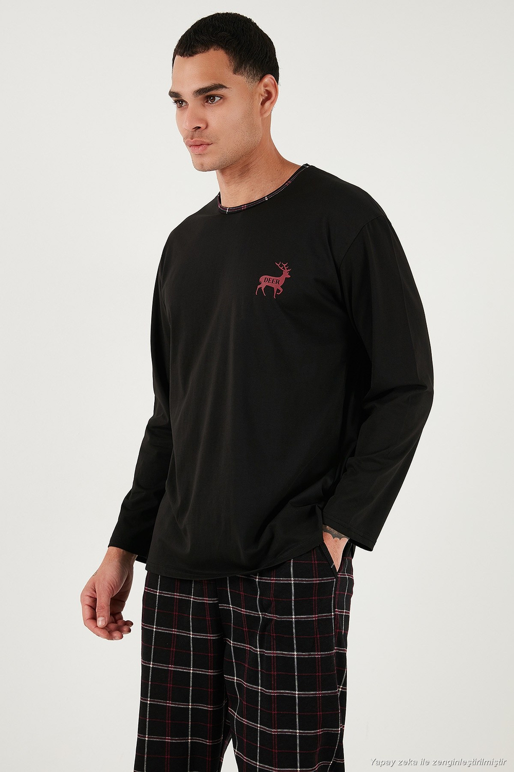 Pamuklu Regular Fit Bisiklet Yaka Ekoseli Erkek Pijama Takımı 6574001 SİYAH