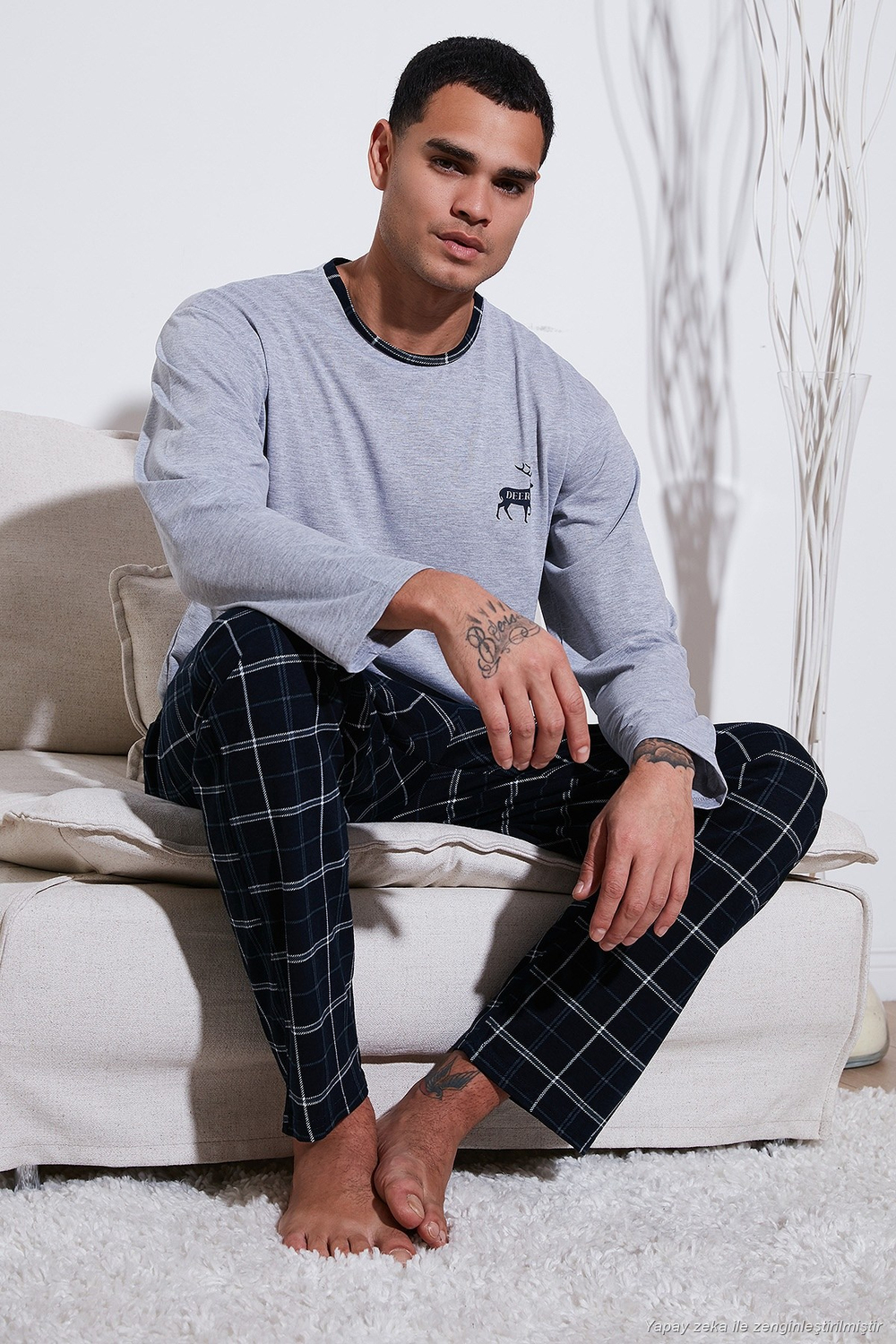 Pamuklu Regular Fit Bisiklet Yaka Ekoseli Erkek Pijama Takımı 6574001 GRİ